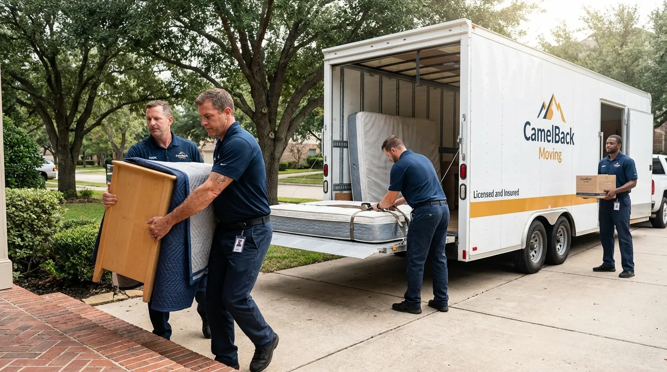 Crew loading residential truck for cross-state move from Oakland, IA