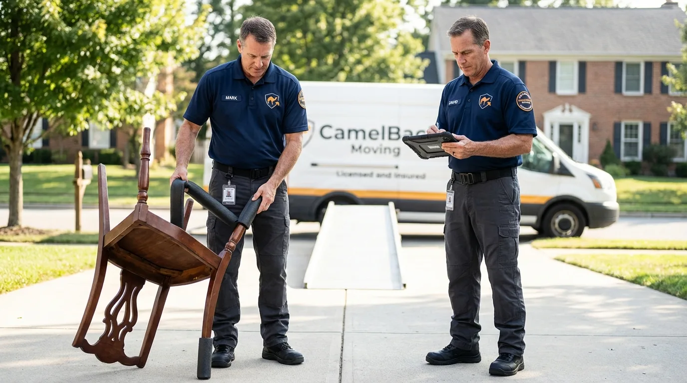 Movers inspecting furniture for damage prevention before loading in Oakland, IA
