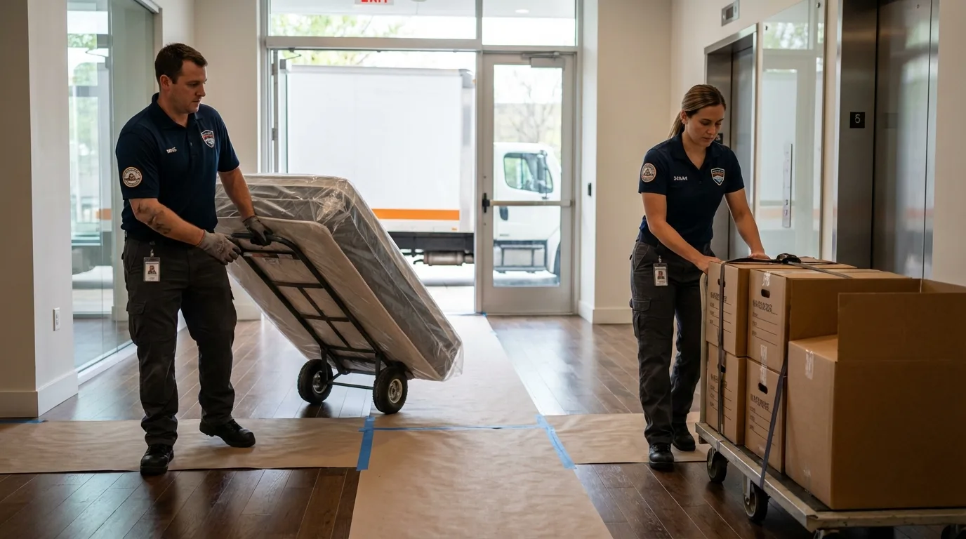 Professional apartment movers loading elevator in Oakland, IA