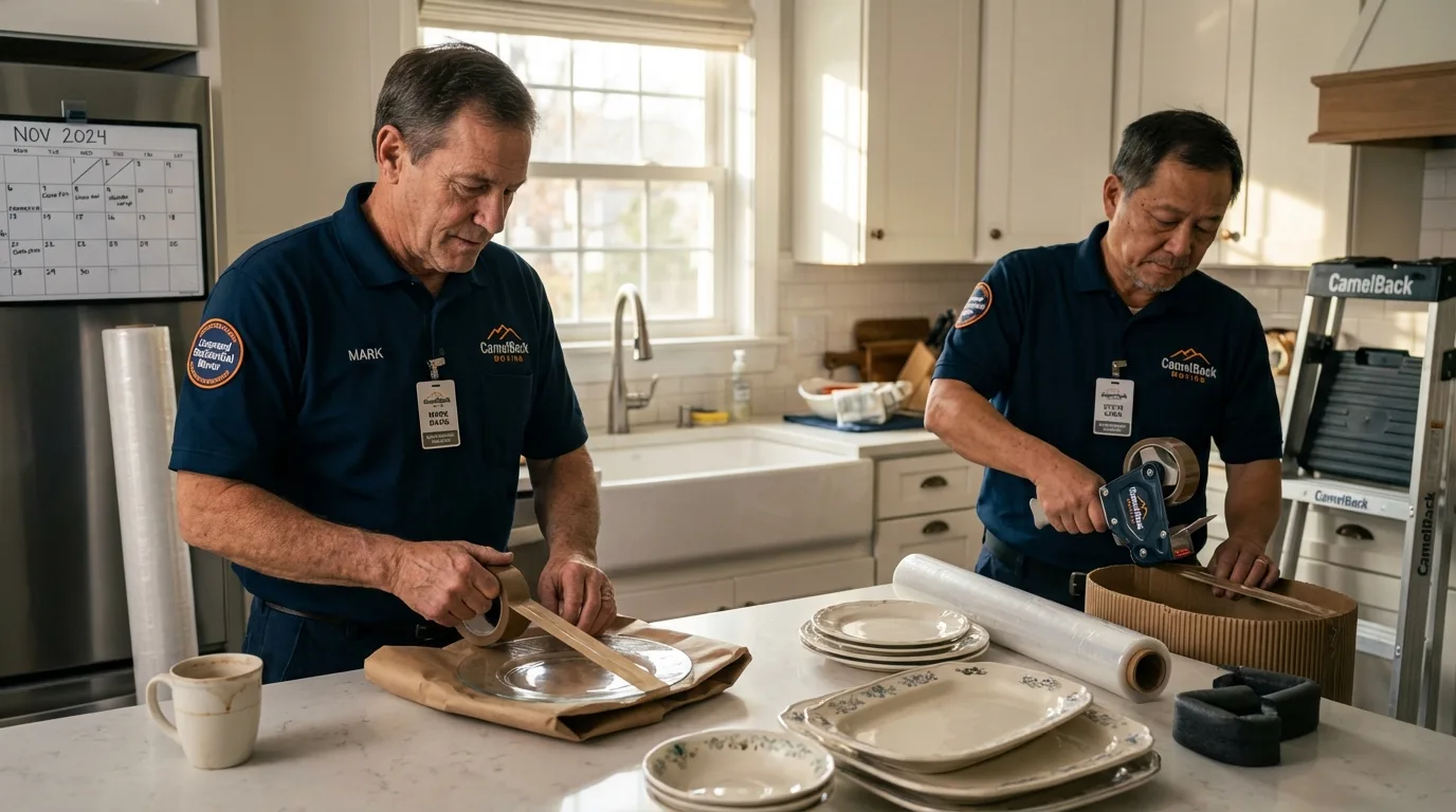 Professional crew packing kitchen dishware in Oakland, IA